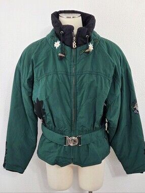 Vintage 90s Bogner ski jacket dark green coat floral embroidery women's size 16